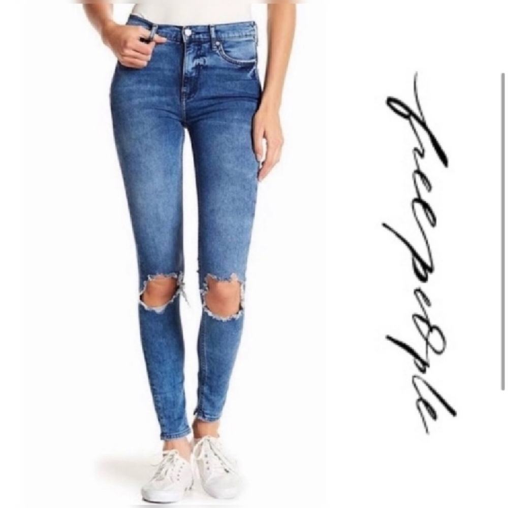 Free People Blue Jeans Distressed High Waist 31 - Picture 2 of 8